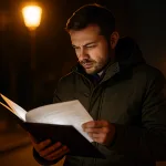 мужчина смотрит документы под уличным светом