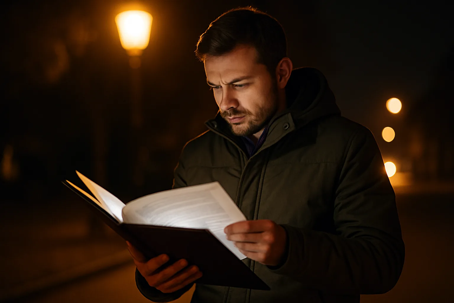 мужчина смотрит документы под уличным светом